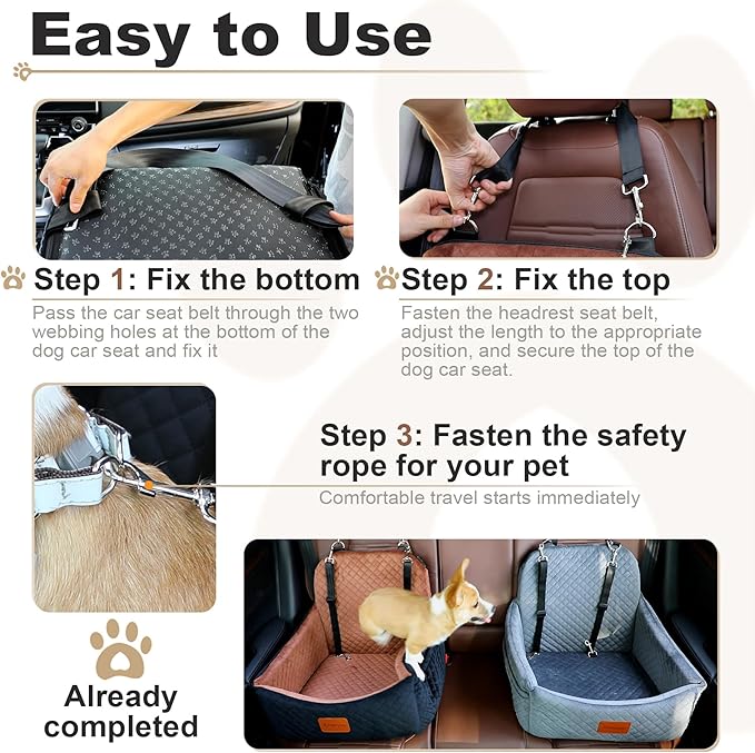Car Dog Seat with 2 Safety Leashes,Dog Booster Seat for Small Medium Dogs 0-28lbs,Pet Car Travel Safety Bed with Storage PocketsFully Detachable and Easy to Install(S1-Black Outside Grey Inside)