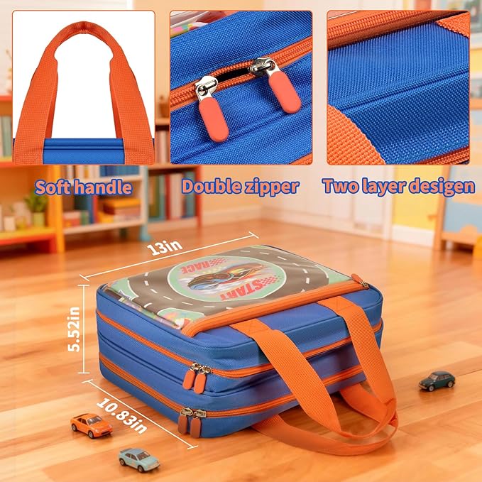 Toy Car Storage Bag for Hot Wheels for Matchbox for LEGO for AZEN for JOYIN for Tub Works Cars Toy Car Organizer Holder with Rug Race Track Mat for 96 Mini Cars - Blue (Case Only) (Blue+Playmat)