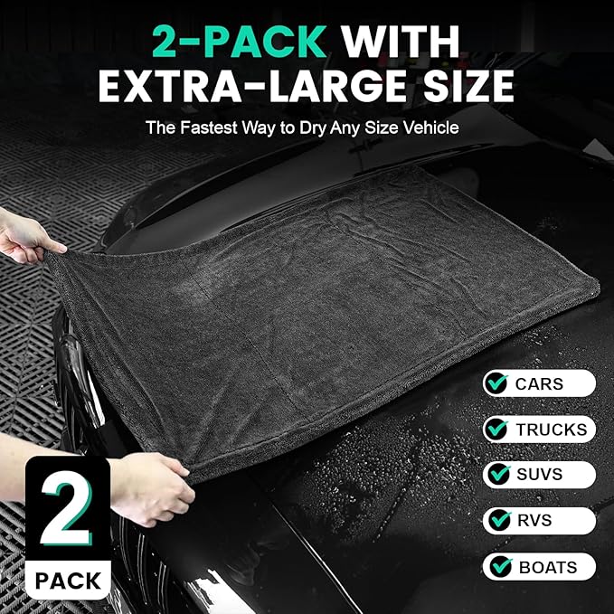 TEAWOO 2 Pack Double-Sided Car Care Extra-Large, Ultra-Absorbant Microfiber Drying Towel for Cars and Trucks, Super Absorbent Car Drying Towel, 1300GSM, 35" x 24"