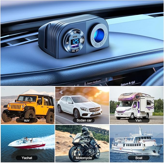 Tent Type Panel 12V USB Outlet Lighted Cigarette Lighter Socket, PD3.0 & QC3.0 Car USB Port Aluminum Charger with LED Voltmeter & Switch, Waterproof Power Panel Adapter DIY Kit for Car Boat Marine RV