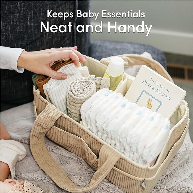 PUTSKA Baby Diaper Caddy Organizer for Changing Table – Stylish Nursery Storage Basket, Newborn Essentials, Baby Shower Gifts and Registry Must-Haves for Boy or Girl, Car Diaper Caddy, Corduroy Mocha
