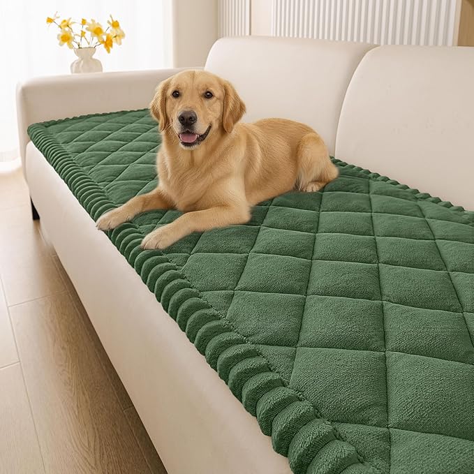 Smiry Fuzzy Couch Cover for Dogs, Non Slip Washable Pet Sofa Cover, Scratch Proof Hair Resistant Plush Sofa Slipcover, Pet Friendly Couch Cushion Protector for Cat, Green, 27.6" x 88"