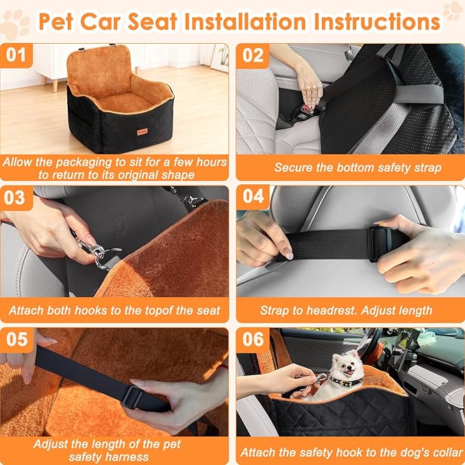 Vivifying Dog Car Seat for Small and Medium Dogs, 4" Booster Pet Car Seat with Safety Strap, Plush Travel Dog Bed for Car with Storage Pocket, Detachable Washable Cover, Fits Dogs up to 35lbs (Black)