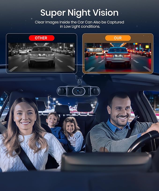 2K Dash Cam 360° View 4 Channel Front and Rear Dash Camera for Cars, 3x1080P, Left Right Dash Camera for Cars, 8 IR Lamps Night Vision, WiFi & APP Control, G-Sensor, 24H Parking Mode