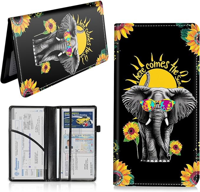 Car Registration and Insurance Card Holder, Vehicle License Documents Glove Box Compartment Organizer Wallet, ID Card Holder for Car Essentials Automobile, Elephant and Sunflowers