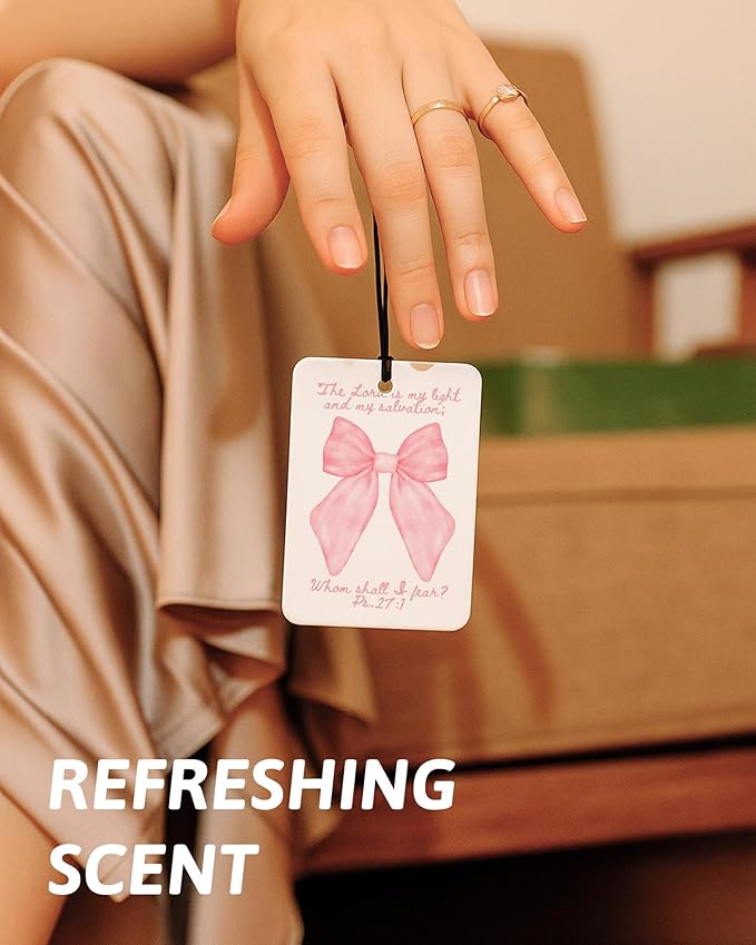 Pink Christian Car Air Freshener 6 Pcs, Pink Bow Flower Religious Bible Verse Hanging Air Freshener for Cars Closet Drawer Books, Christian Girly Car Accessories Mirror Decor for Women
