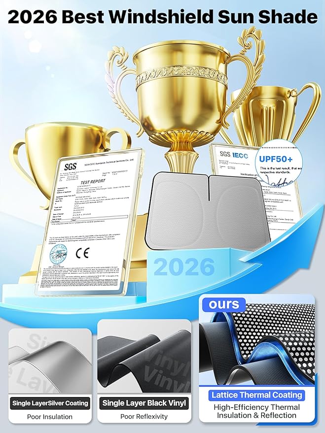 2026 Upgraded Nmoiss Car Windshield Sun Shade [Dot Matrix Reflective Coating] Extended Edge No Light Leakage Design Cooling Protect Car Interior from UV Damage Medium