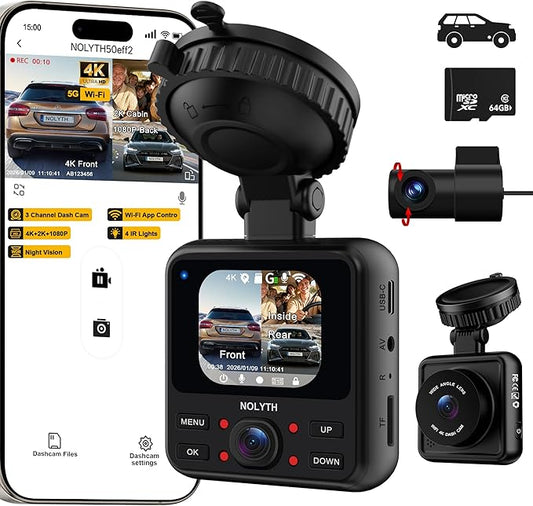 4K Dash Cam Front and Rear: FHD 3 Channel 4K+2K+1080P Dash Camera for Cars with Free 64GB Card 5G Wi-Fi Night Vision G-Sensor 24H Parking Mode for Uber Lyft Families/New Drivers