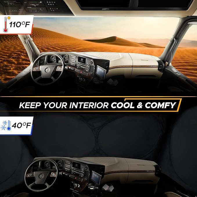 EcoNour Detachable Semi-Truck Sun Shade for Windshield and Side Windows | 500T Polyester Maximum Coverage to Block UV/Sun Heat Rays | Best for Semi, Commercial & Big Rig