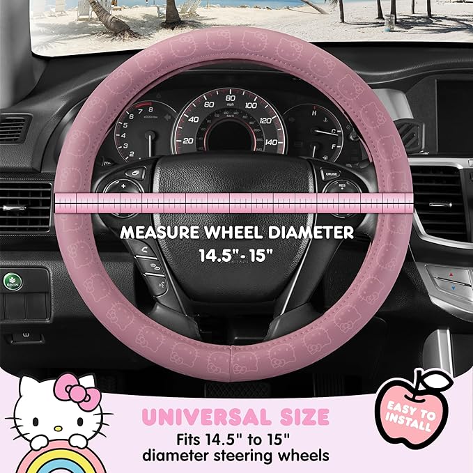 Sanrio Hello Kitty Car Trunk Organizer & Steering Wheel Cover Set – Cute, Non-Slip, Soft Grip Car Accessories for Women – Collapsible Storage Bin for Groceries, Tools & Travel – 12.5"L x 12.5"W x 9"H