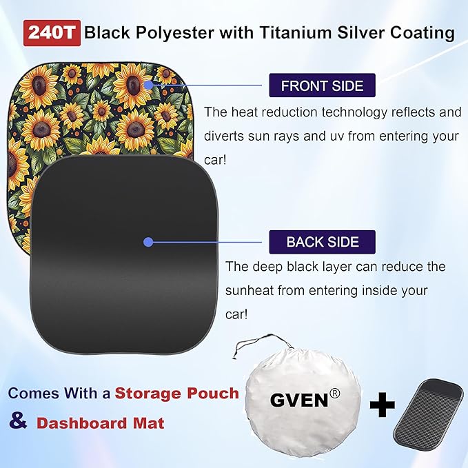 GVEN Windshield Sun Shade Car Sunshade Truck Accessories Large-Size Front Window Shades Windshield Cover Visor for Full-Size MPVs, Vans, Trucks, SUVs, Tesla (Sunflower, L)