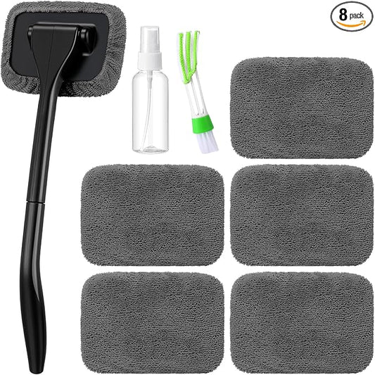 FoldTier 8 Pcs Car Windshield Cleaner Tool Kit with Removable Handle, Microfiber Towel Pads, Brush, Empty Spray Bottle for Auto Glass Wiper Suvs Rvs & Home Windows(Grey)