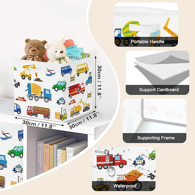 Clastyle Cars Storage Cube Organizer Set Handle Closet Clothes Cube with Metal Frame Foldable Parents Organizer Storage Basket for Book Toy,Cartoon Truck,11.8x11.8x11.8 in