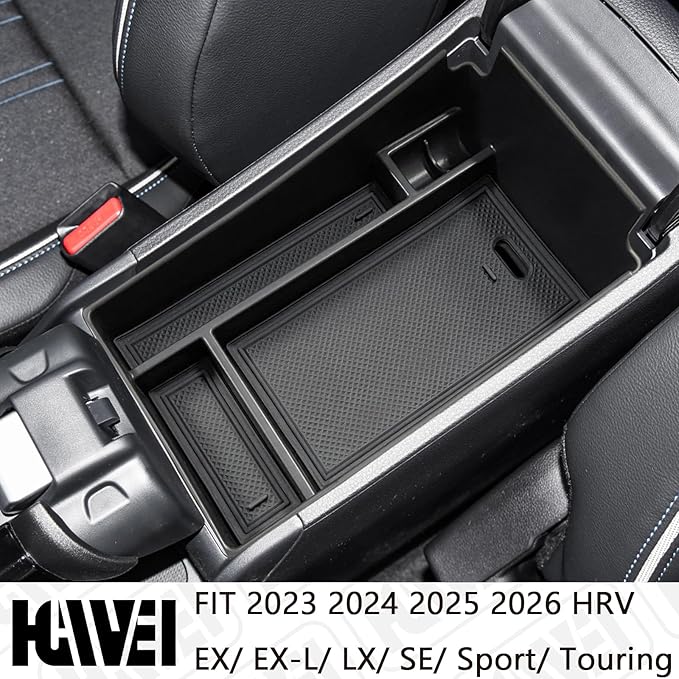 HGWEI Center Console Organizer Tray Compatible with Honda HRV 2023 2024 2025 2026 Accessories, Armrest Storage Box for HRV EX/EX-L/LX/SE/Sport/Touring,Black Trim