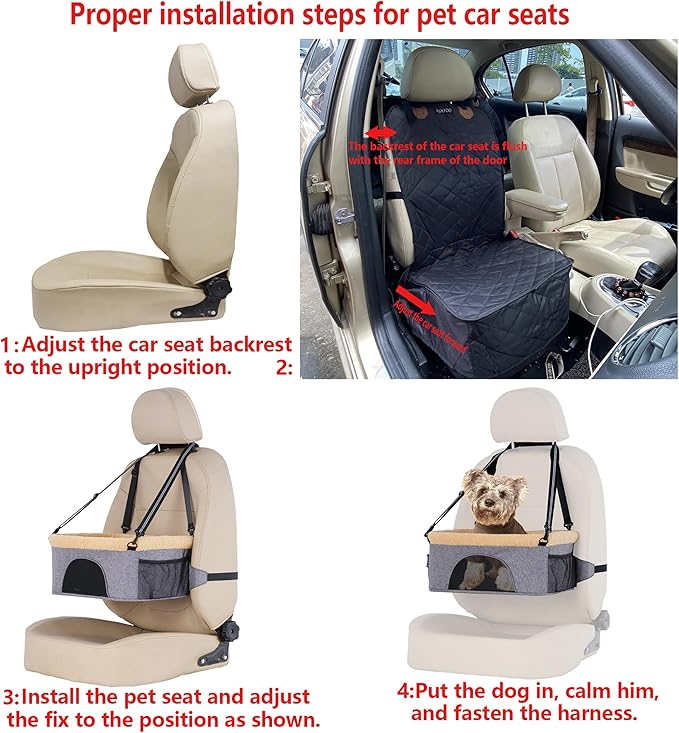 ROODO Deluxe Dog Booster Seat with Height-Adjustable Foldable Metal Frame and Safety Leash,Portable Pet Car Seat for Under 20lb Puppy Cats with Plush Thick Cushion Mesh Window Pockets(Black)