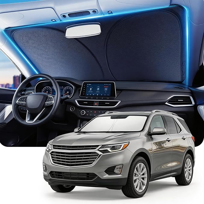 DMJN Front Windshield Sun Shade for Che-vrolet/Chevy Equinox (2018-2026), [Nano Ice-Crystal Coatings] UPF50+ Heat & UV Block, Protect Car Interior & Keep Cool, Flodable Steel-Ring Car Cover for Summer
