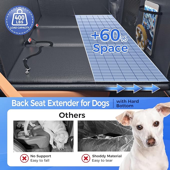 HOB4U Back Seat Extender for Dogs, Hard Bottom Dog Car Seat Cover for Truck Back Seat, Upgraded PU Leather Dog Hammock for Car, Waterproof, Anti Scratch, Larger Space, Holds 400lbs