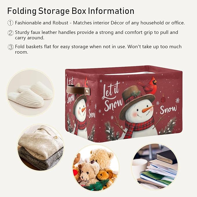 Winter Snowman Cardinal Birds Storage Basket with Waterproof Liner and PU Handles Let It Snow Christmas Red Storage Bins Boxes 14.2" Collapsible Decorative Baskets for Bedroom Closet Office 1 Pack