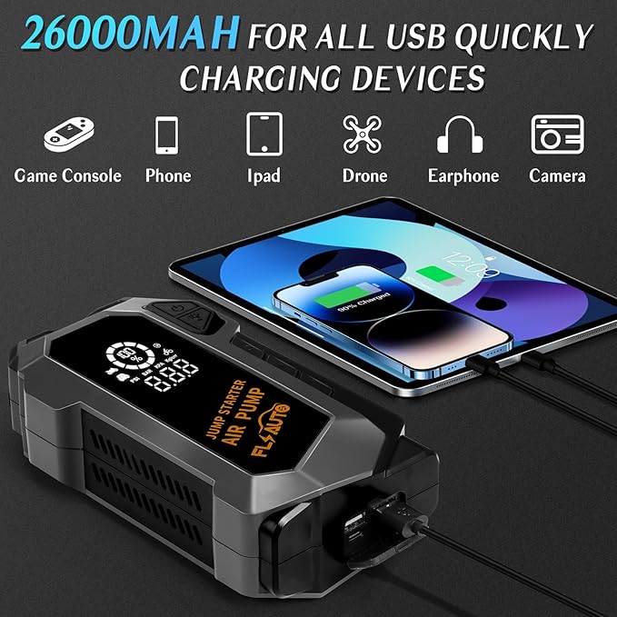 E-Ant Car Jump Starter with Air Compressor(10L Gas/8L Diesel), 4000A Peak 12v Auto Battery Jump Pack, Power Bank USB QC3.0 Outputs Portable Battery Booster Pack Jumper Box Tire inflator (Black)