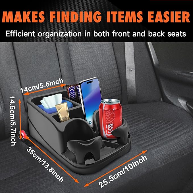 Car Console Organizer, Car Seat Organizer with 2 Adjustable Cup Holders, Center Console for Cars, Trucks, Minivans, SUVs, Vehicle Organizer, 3 Large Storage Compartment (Black)