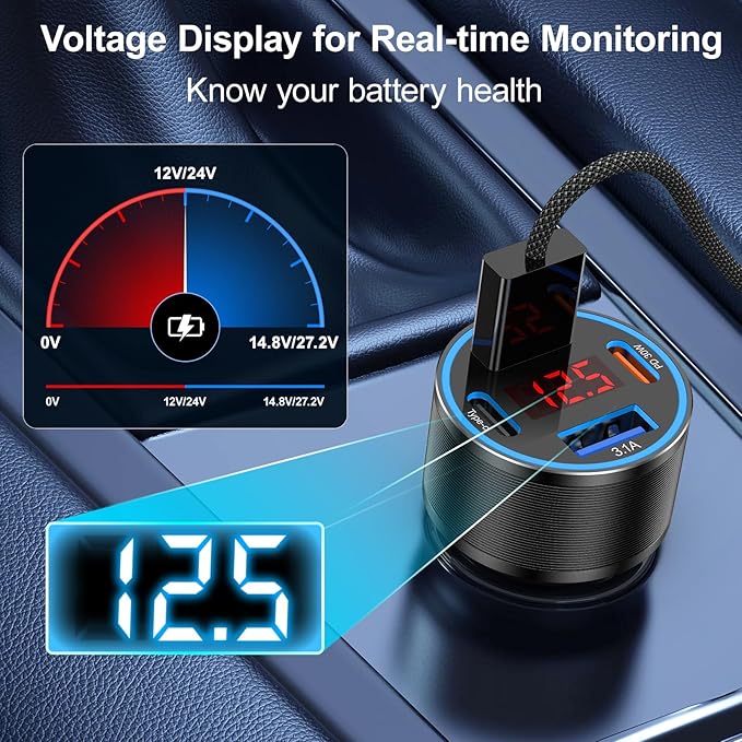 Car Phone Charger USB C,2Pack 4-Port 65W USB C Car Charger Fast Charging Multi Port Cigarette Lighter Adapter with Volt Meter,12V Type C Car Adapter for iPhone 17/16/15 Pro Max,iPad,Samsung,Android