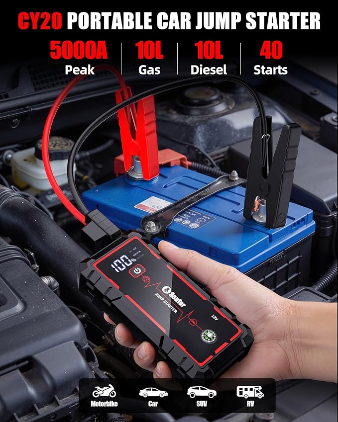 Jump Starter, 5000A Car Battery Jumper Starter Portable, Jump Box Battery Booster with 3 Modes Flashlight, Jumper Cables with Gloves