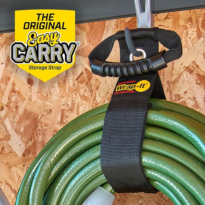 Easy-Carry Wrap-It Storage Straps - 48” (2-Pack) Black with Grommet - Garden Hose Caddy and Cord Wrap for Indoor and Outdoor Cable Organizing
