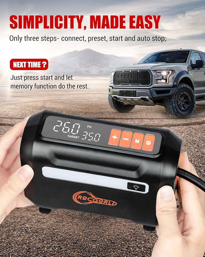 ROCGORLD R8 Tire Inflator Portable Air Compressor, DC 12V Air Compressor for Car with Large Dual Digital Screen, 3X Faster Inflation Air Pump for Car Tires, Bike, Ball, Motor - Car Accessories