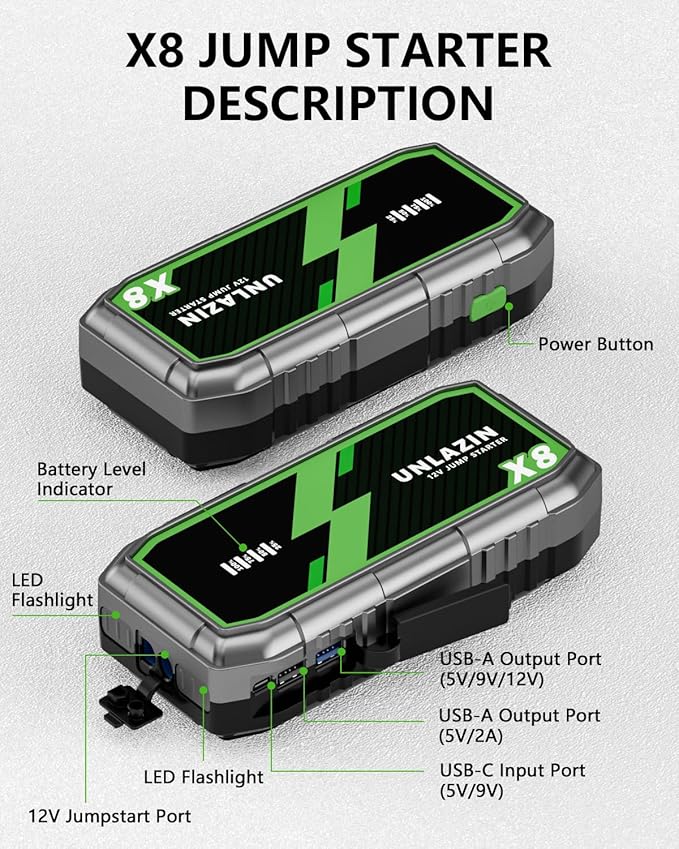 X8 Jump Starter 8000A Battery Jumper Starter Portable with Force Start, 12V Car Starter Jump Box & Battery Booster for All Gas & Diesel Engines, QC 3.0 Quick Charge, LED Light, Passenger Car