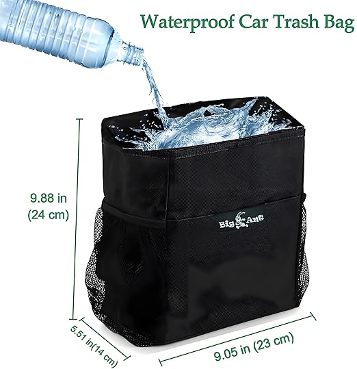 Big Ant Car Trash Can with Lid - 2.5 Gal 100% Leak-Proof Automotive Garbage Bag with Storage Pockets - Waterproof Travel Cooler & Organization Accessories for Family Road Trips and Daily Commute