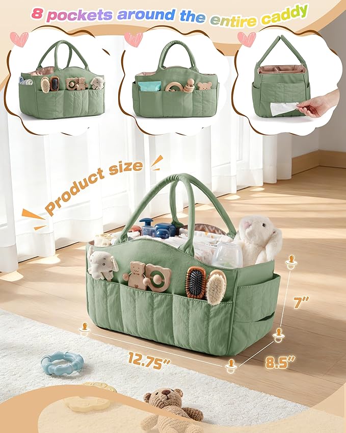 Quilted Baby Diaper Caddy with Detachable Dividers and Wipes Pocket, Lightweight Baby Caddy Organizer with Handles and 8 Pockets for Baby Stuff, Green