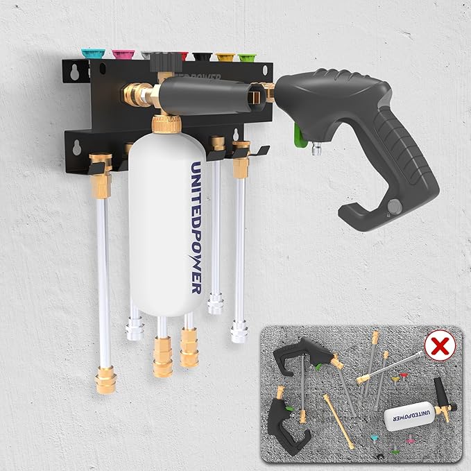 UNITEDPOWER Pressure Washer Gun Holder，Wall Mount Foam Cannon Holder，Tool Storage Rack for Pressure Washer Wand/Nozzle Tips, Car Wash Accessories Organizer, Black