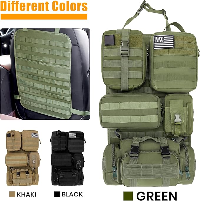 6 Pack Tactical MOLLE Car Seat Back Organizer - Universal Vehicle Storage Bag with 5 Detachable MOLLE Pouches, US Flag Patch & Keychain, Fits Jeep, Truck, SUV, Car, (Grenn)