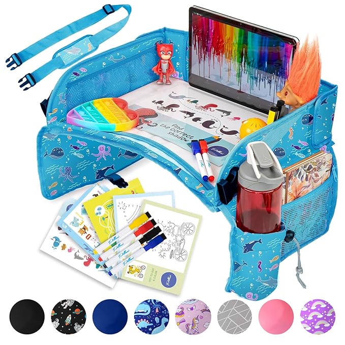 PILLANI Kids Travel Tray for Car - Road Trip Activities for Kids - Car Seat Tray for Kids Travel w/ Activity Sheets, Pens & Dry Erase Board - Toddler Road Trip Essentials & Car Accessories for Kids
