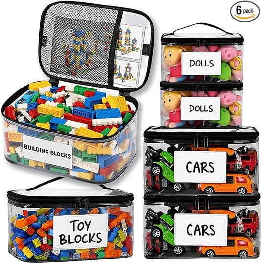 6 Pack Extra Large Clear Toy Storage Bags with Tag & Pocket – Versatile Waterproof Organizer Bags for Lego Bricks, Board Games, Building Blocks, Puzzles, Dolls, Books (Mixed Sizes-Black-6 Pack)