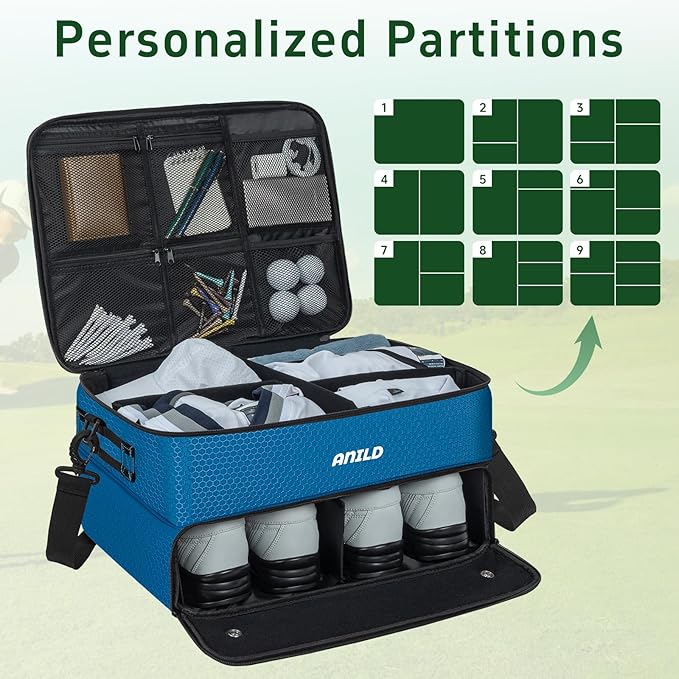 ANILD Golf Trunk Organizer, 2 Layer Golf Storage Case with Separate Ventilated Compartment for 2 Pair Shoes, for Balls, Tees, Clothes, Gloves, Accessories, Golfer Gifts