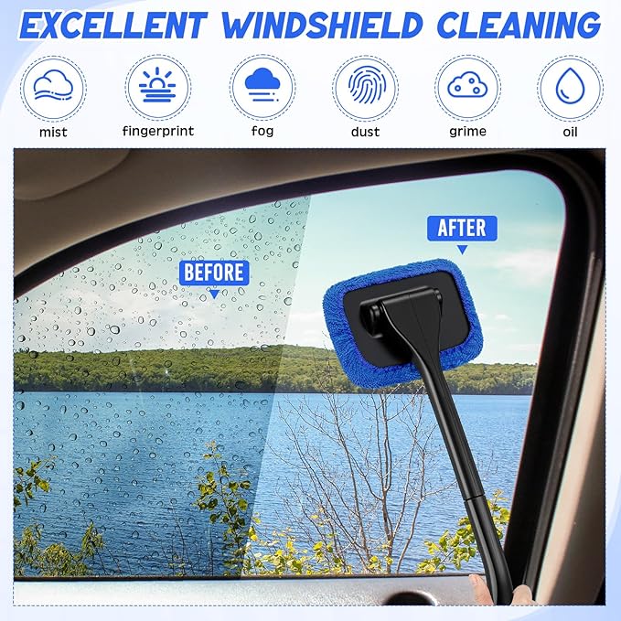 FoldTier 8 Pcs Car Windshield Cleaner Tool Kit with Removable Handle, Microfiber Towel Pads, Brush, Empty Spray Bottle for Auto Glass Wiper Suvs Rvs & Home Windows(Royal Blue)