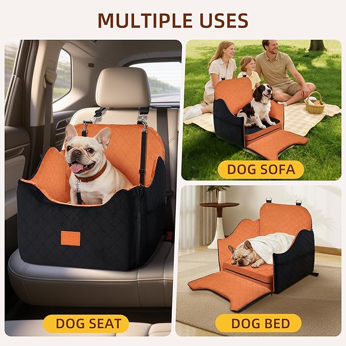 XEEP Dog Car Seat for Small/Medium Dogs Up to 35lbs, Dog Booster Seat with Memory Foam Cushion, Washable Pet Car Seat with Safety Belt & Pee Pad & Blanket, Fits in Front/Back Seat(Black/Brown)