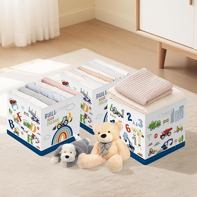 Clastyle Cars Storage Cube Organizer Set Handle Closet Clothes Cube with Metal Frame Foldable Parents Organizer Storage Basket for Book Toy,Number Letter,11.8x11.8x11.8 in
