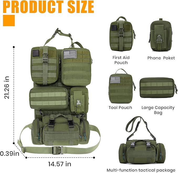 6 Pack Tactical MOLLE Car Seat Back Organizer - Universal Vehicle Storage Bag with 5 Detachable MOLLE Pouches, US Flag Patch & Keychain, Fits Jeep, Truck, SUV, Car, (Grenn)