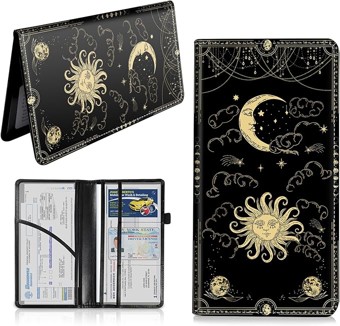 Car Registration and Insurance Card Holder, Vehicle License Documents Glove Box Compartment Organizer Wallet, ID Card Holder for Car Essentials Automobile, Sun Moon Clouds Witchy