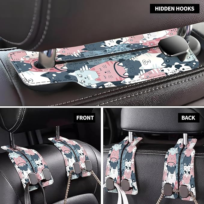 Car Seat Back Storage Headrest Hook, Premium Leather Double Metal Hook, Hanger Storage Organizer for Purse Cloth Bag, Car Interior Accessories Cute Funny Cats