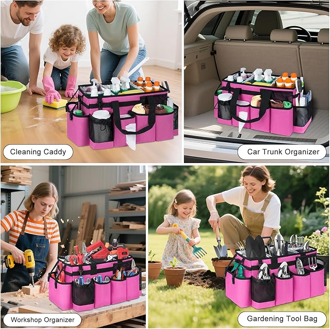 Cleaning Caddy Bag, Extra Large Cleaning Supplies Organizer for Housekeepers, Housekeeping Caddy with Handle and Detachable Padded Cushion, Pink