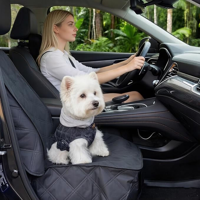 Dog Front Seat Cover for Car, Waterproof 600D Oxford Cloth Pet Seat Protector with Side Flaps, Durable Dog Car Seat Cover Front Passenger for Bucket Seat/Captain Chair, Full Protection (Black)