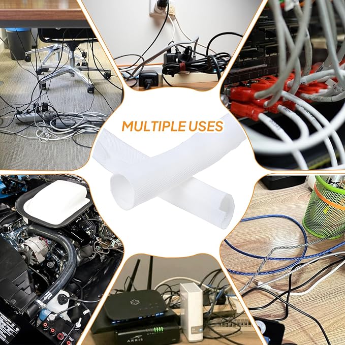 Self-Closing Split Braided Cable Organizer,Curly Cord Protector for Car High Temp Harness Sleeve/Computer Desk Audio Wire Covers (White 1"-22ft)