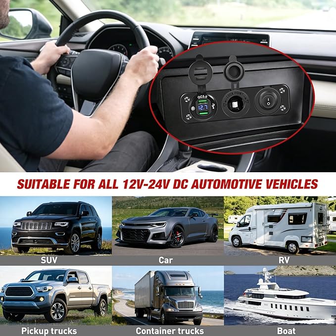Nilight 4 in 1 Charger Socket Panel Dual QC3.0 USB with LED Voltmeter Display and Cigarette Lighter Power Cutoff Switch for CarsTrucks UTV ATV
