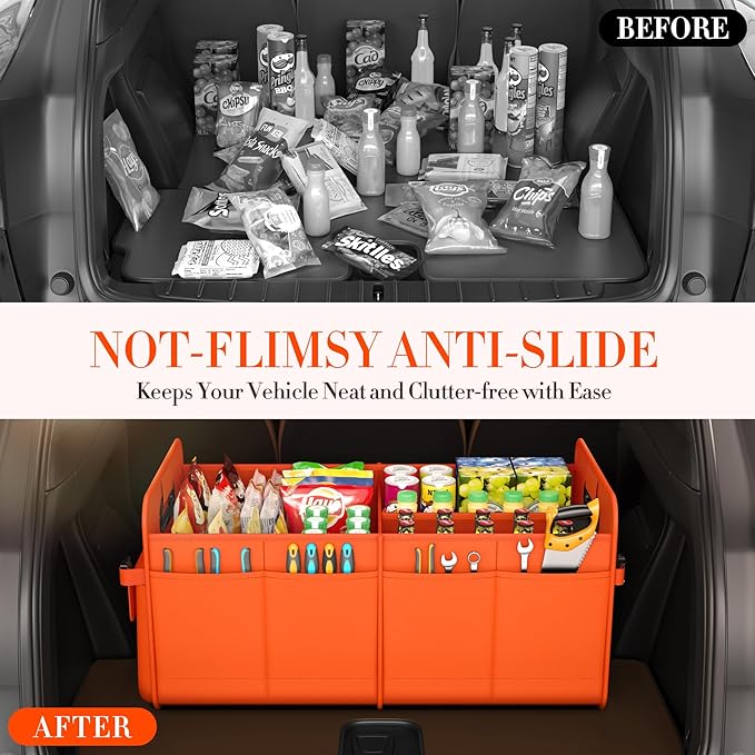 Trunk Organizer For Suv & Sedan,Car Organizers and Storage, Waterproof Collapsible & Adjustable Straps,70L Sturdy Car Organization for Car Accessories, Tools,Sundries,2-3Compartment（Orange
