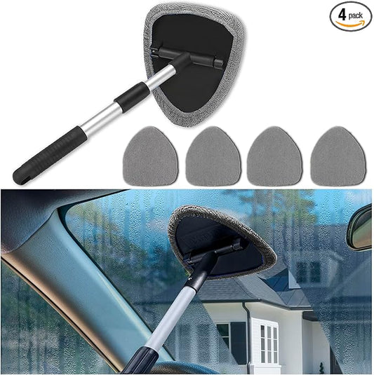 Windshield Cleaner Tool - Portable Car Interior Window Cleaning Kit with Extendable Handle, 4 Microfiber Towel Pads, Auto Glass Wiper for Windshield, Universal for RV, SUV, Truck (Gray)