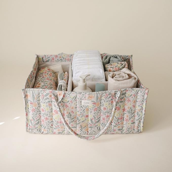 mushie Baby Diaper Caddy | Newborn Essentials Organizer for Diaper Changing Station (Pastel Blooms)