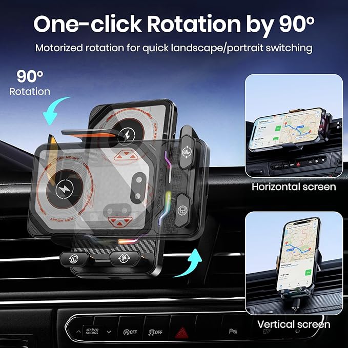 Car Phone Charger Holder, Smart Auto-Clamping Fast Charging Car Phone Holder with Atmosphere Lights, Rotating Air Vent Mount Compatible with All Smartphones (Black)